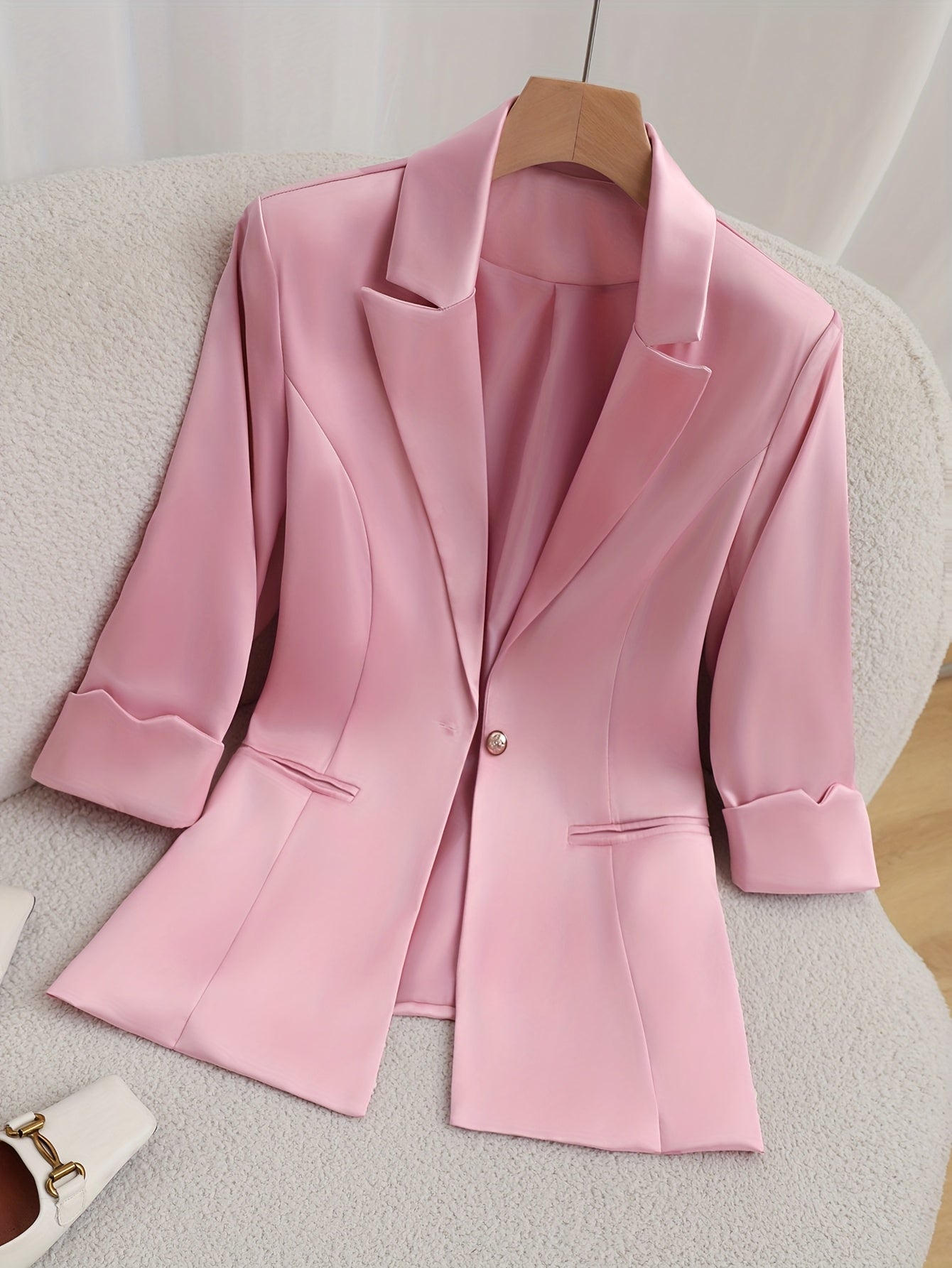 Elegant Satin Blazer for Women, Solid Color, Single Breasted, Three Quarter Sleeve, Polyester 96% Elastane 4%, Regular Fit, Woven, Button Detail, No Belt, All Seasons