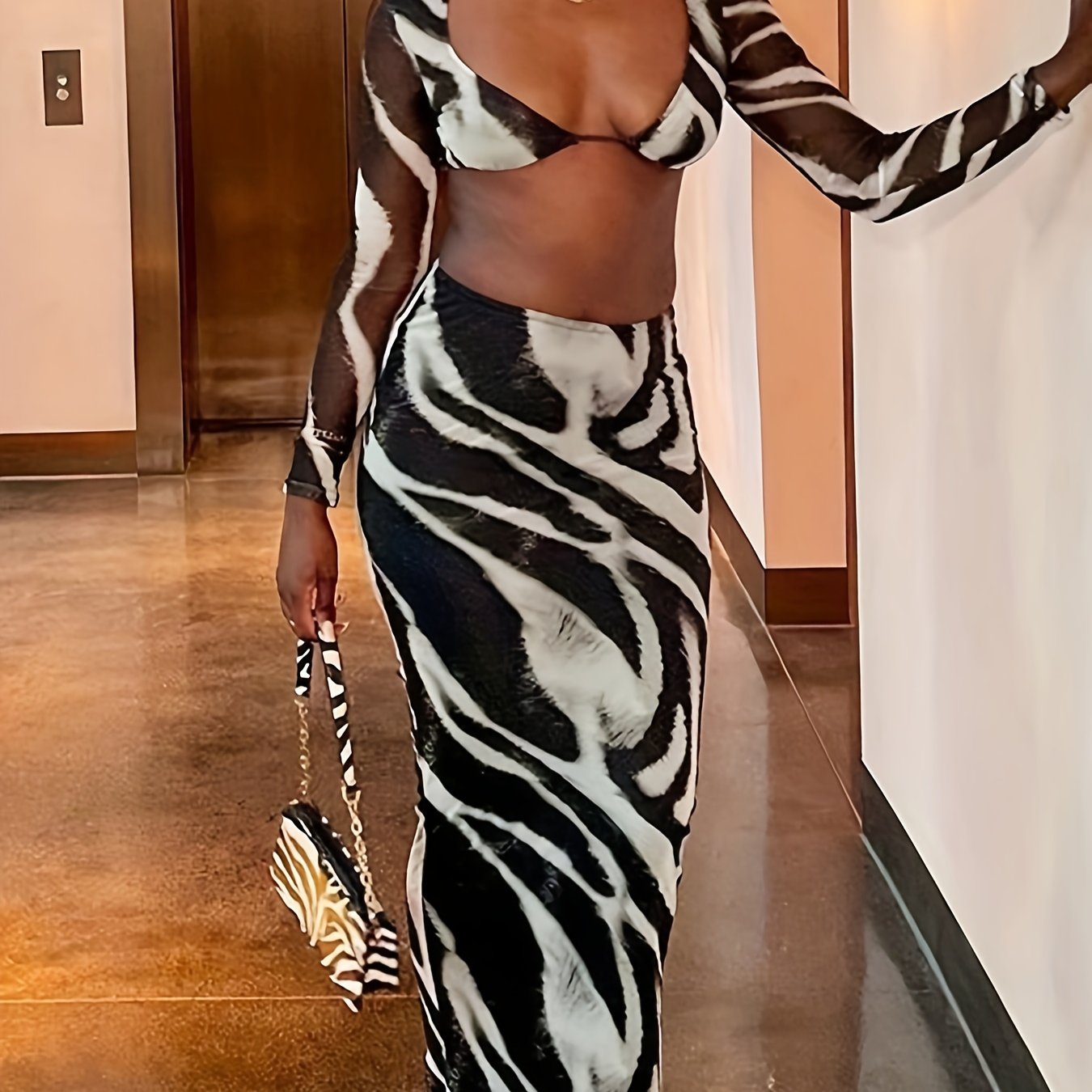 Color Block Sexy Spring Two-piece Skirt Set, Long Sleeve Crop Top & Bodycon Skirt Outfits, Women's Clothing
