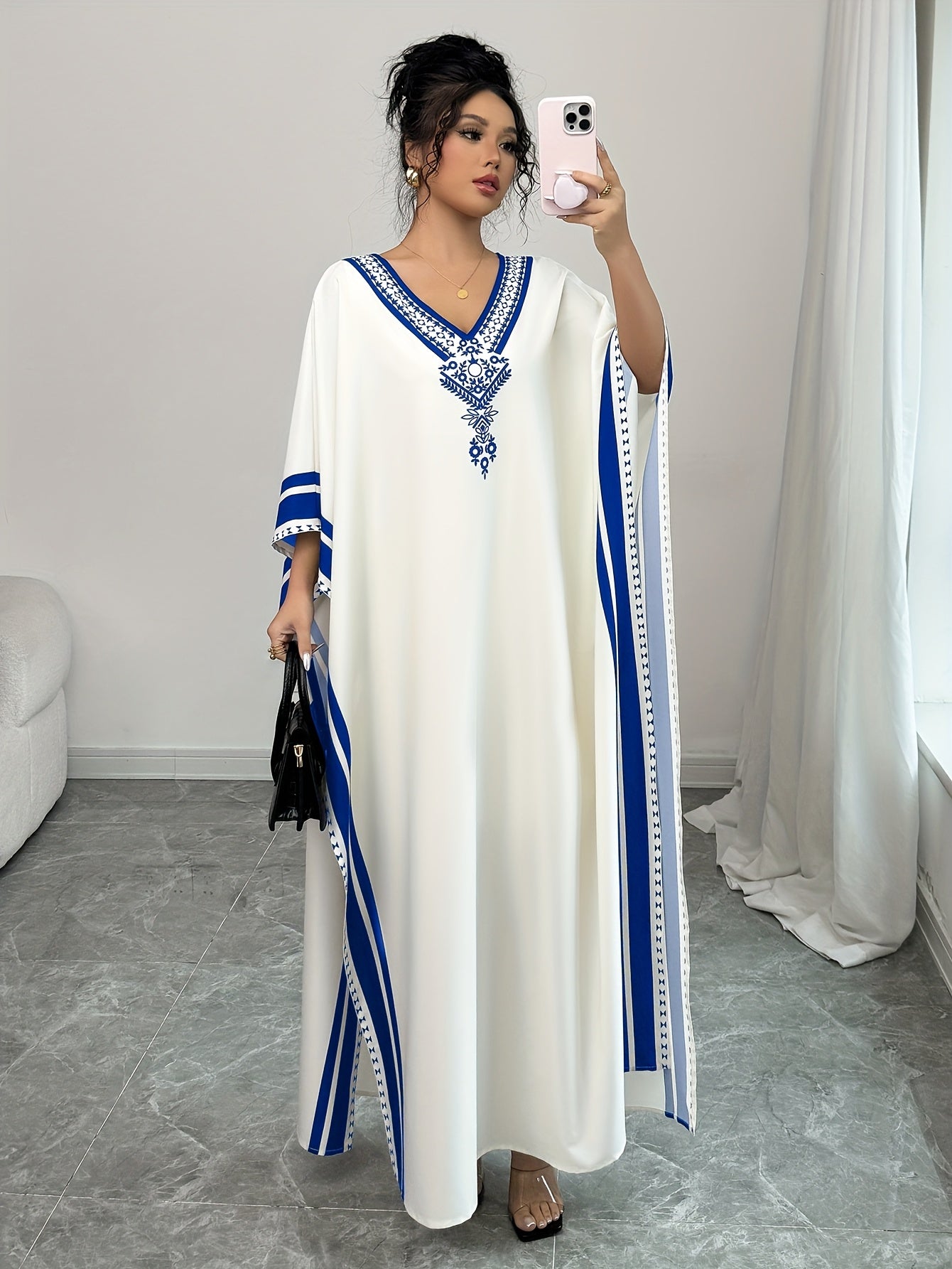 Women'S Elegant V-Neck Maxi Dress with Batwing Sleeves & Striped Detail - Casual Kaftan Style, Lightweight Polyester, Perfect for Spring/Fall, Adult Clothing | Vneck Dress | Striped Detail Dress