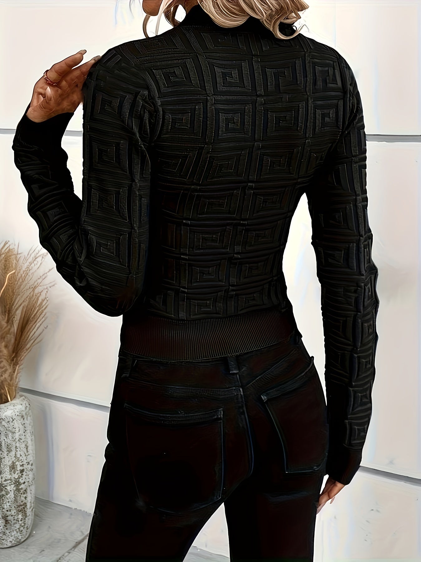 Geo Pattern Crew Neck Sweater, Elegant Long Sleeve Sweater For Fall & Winter, Women's Clothing