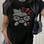 Women's 100% Cotton Sanrio Hello Kitty Rhinestone Graphic T-Shirt – Cute Cartoon Tee with Sparkling Diamond Design, Breathable & Machine Washable, Black Short Sleeve Crew Neck for Spring/Summer Fashion Gifts, Hello Kitty Sh