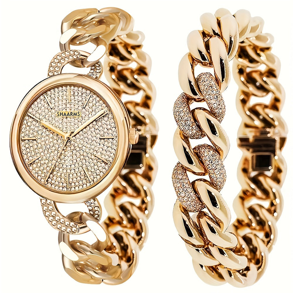 2pcs Elegant Women's Golden-Toned Quartz Watch with Sparkling Rhinestone Dial & Chunky Chain Bracelet Set - Perfect Fashion Gift for Her, Women's Fashion Accessory|Coordinated Outfit|Alloy Construction