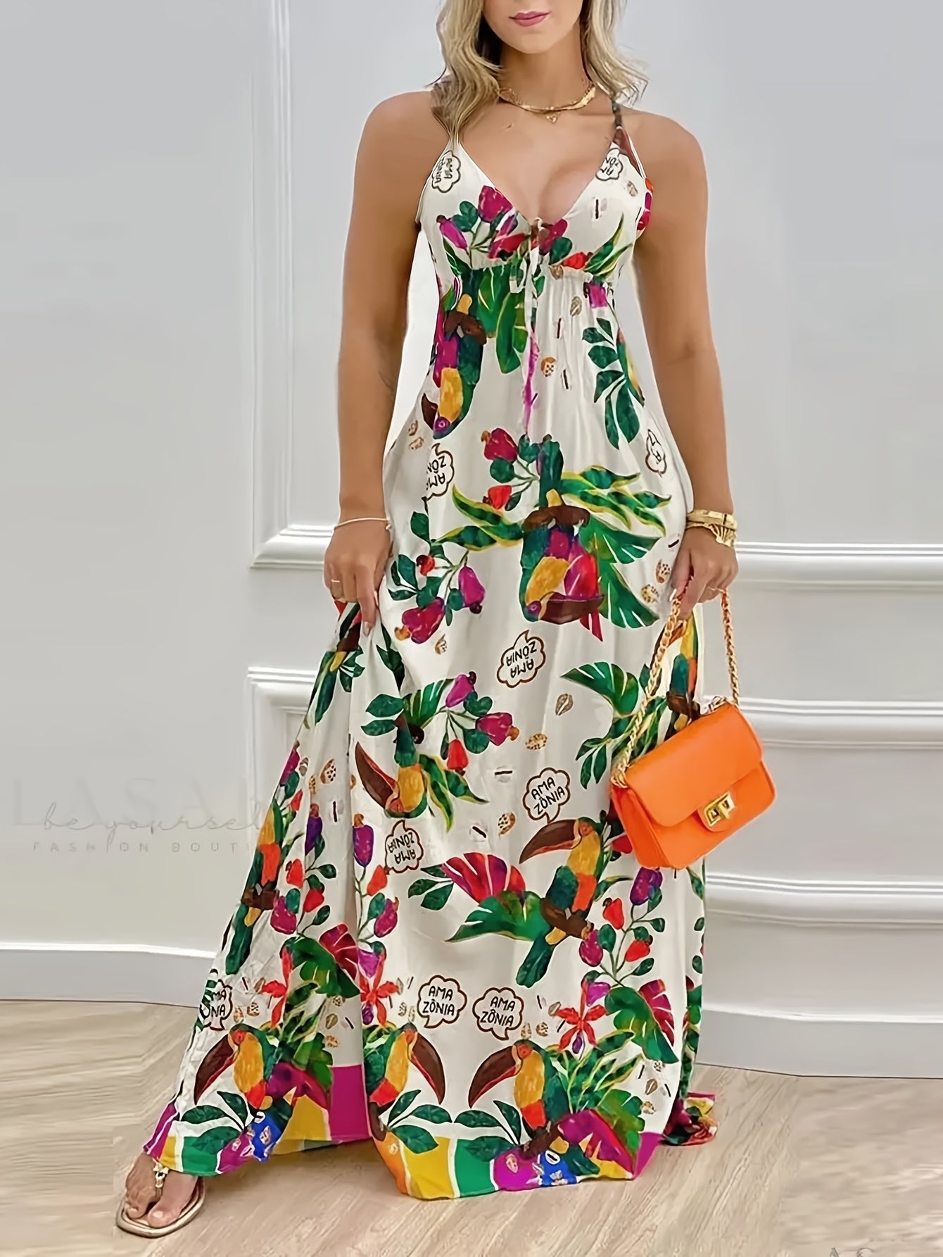Elegant Summer V-Neck Sleeveless Maxi Dress for Women - Tropical Print with Lace-Up Back Detail, Pleated Design, Machine Washable Polyester
