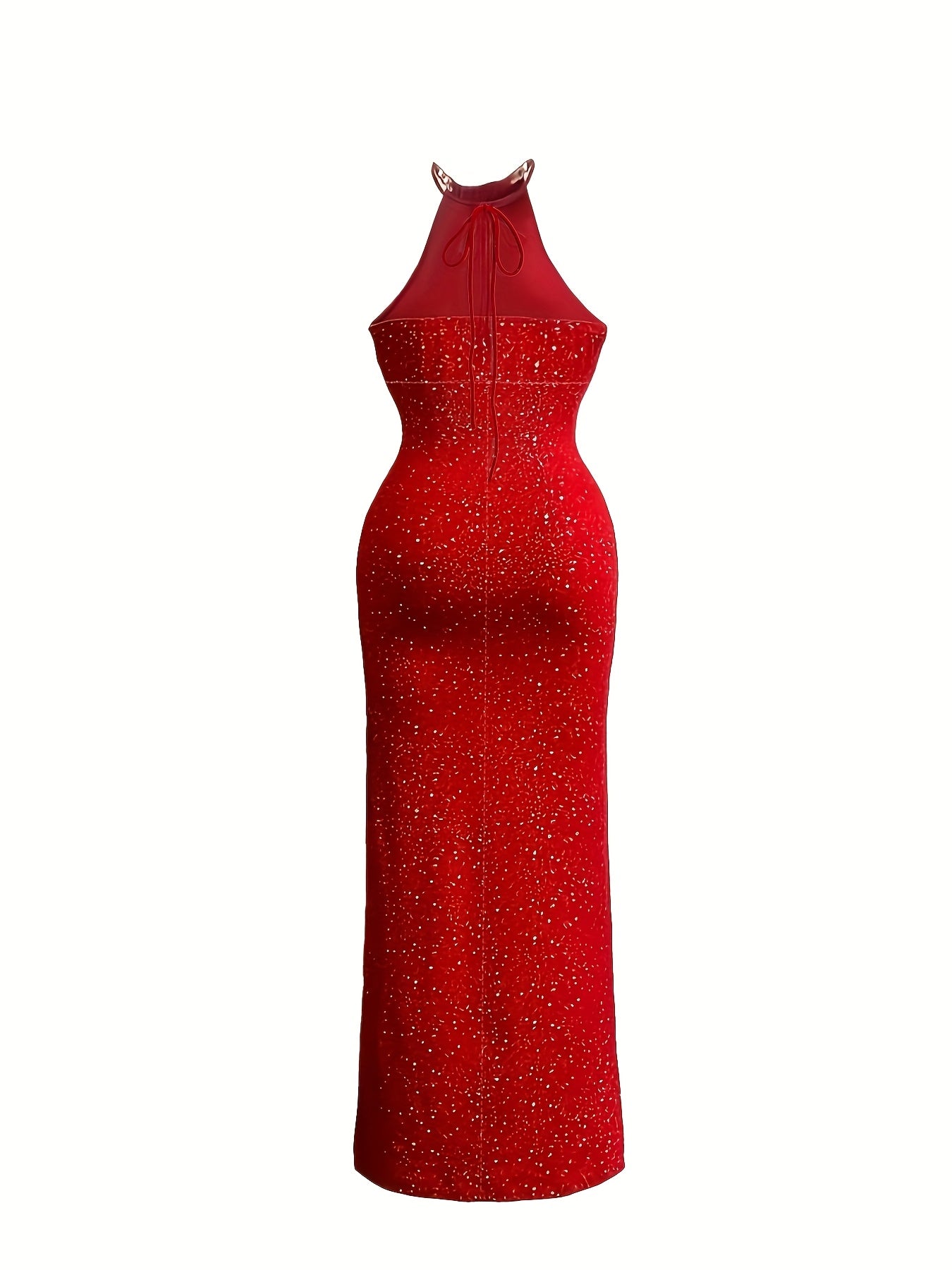Elegant Red Sequin Halter Dress for Women - Sexy Backless Mid-Length Sheath with Golden Chain Detail, Perfect for Parties & Festive Occasions, Summer Fashion | Backless Outfit | Knit Construction, Chic Dress