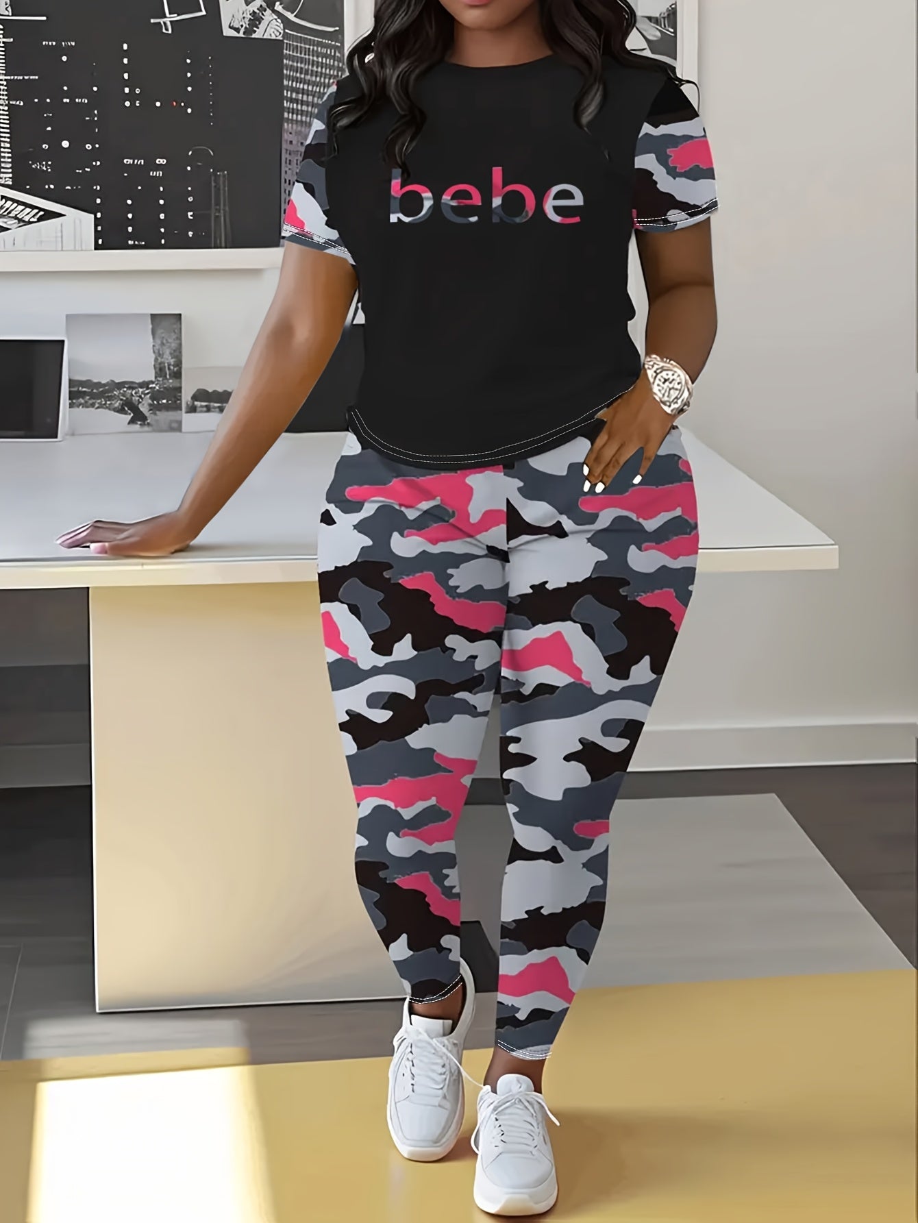 Adorable 'BEBE' Letter Print & Camo Patchwork Spring/Summer Set - Comfy Polyester Blend T-Shirt & Joggers, Machine Washable, for Women
