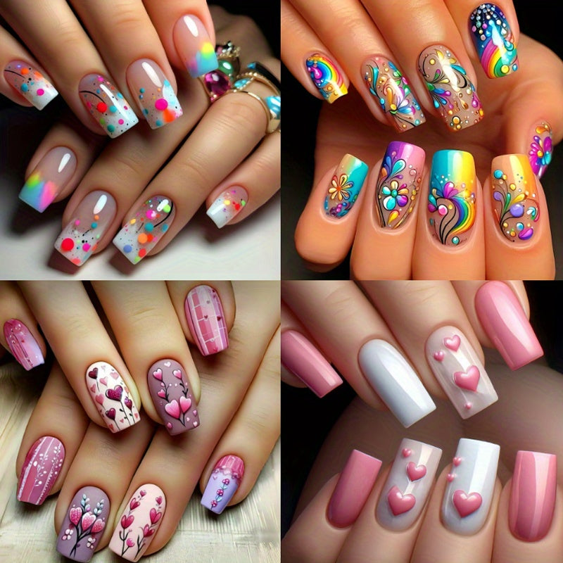 96pcs (4 PACK) Chic Almond-Shaped Press-On Nails Set with Sparkling Hearts&Glitter Accents - Includes Jelly Adhesive Tabs, Nail File - Perfect ForValentine'S Day