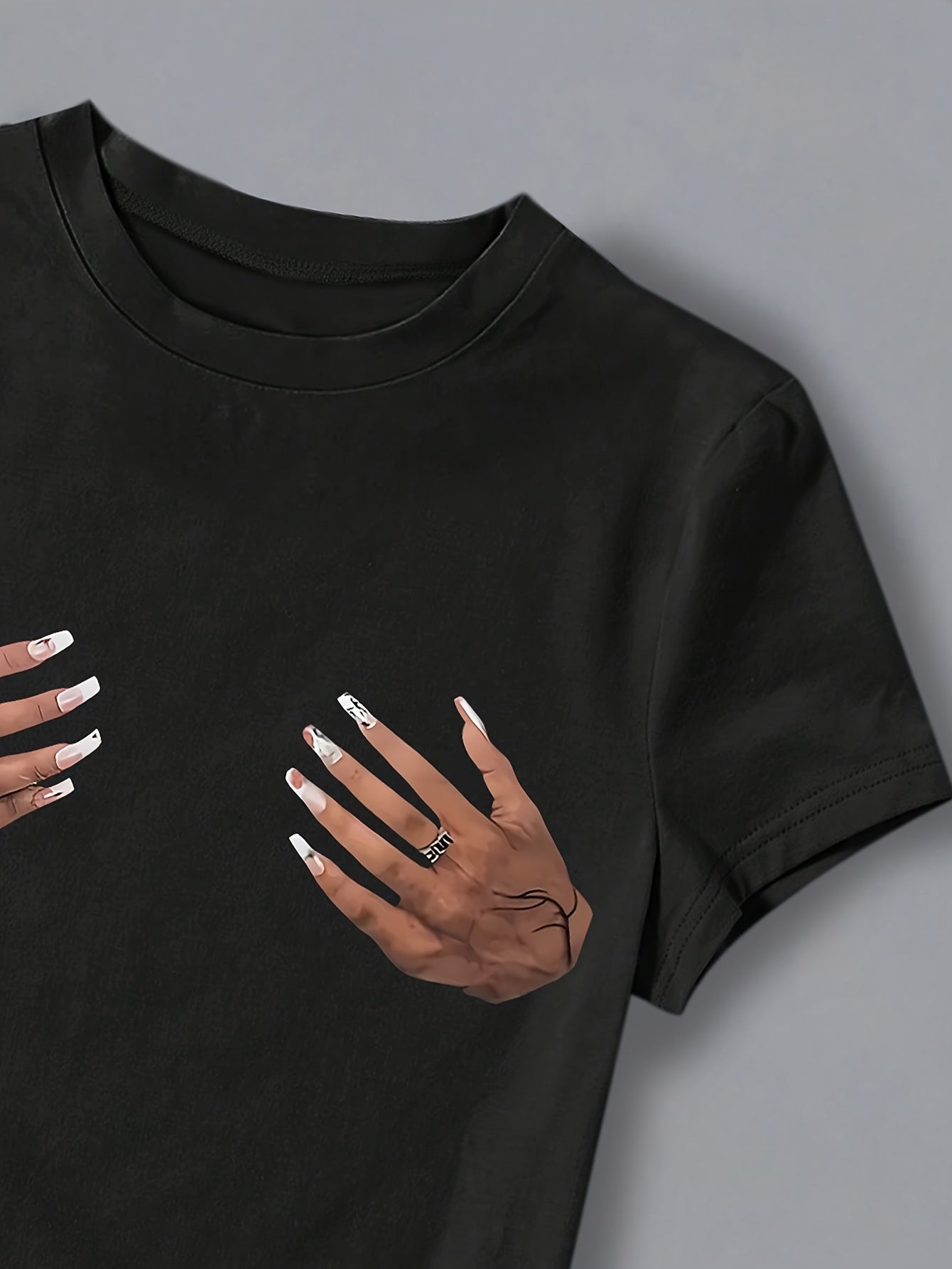 Women's Chic Hand Print Crop Top T-Shirt - Sexy Black, Short Sleeve, Round Neck, Stretchy Polyester Blend, Machine Washable - Perfect for Spring & Summer Casual Wear