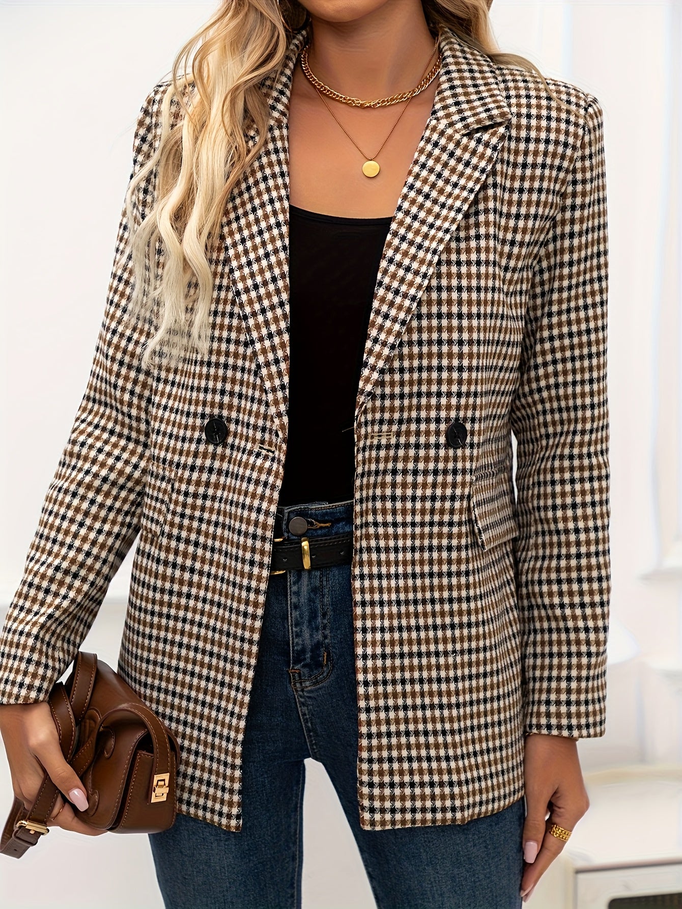 Elegant Women'S Vintage Plaid Long Sleeve Double-Breasted Blazer - Polyester, Regular Fit, All-Season Jacket with Lapel Collar and Button Closure, Jacket for Ladie
