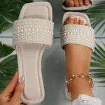 Elegant Women'S Pearl & Rhinestone Slide Sandals - Open Toe, Flat Heel, Rubber Sole, Easy Care, Fashionable for Home, Outdoor, Vacation Beach Wear