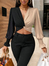 Elegant Color Block Twist-Front V-Neck Blouse - Long Sleeve, Stretchy Polyester Blend, Machine Washable - Chic Women's Fashion Top