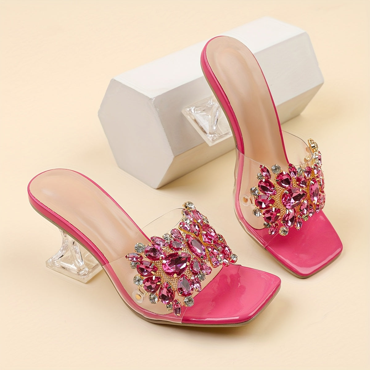 Women's Rhinestone Embellished Pyramid Heel Sandals - Stylish Pink Transparent Strap with Sparkling Floral Design, Perfect for Weddings & Formal Events