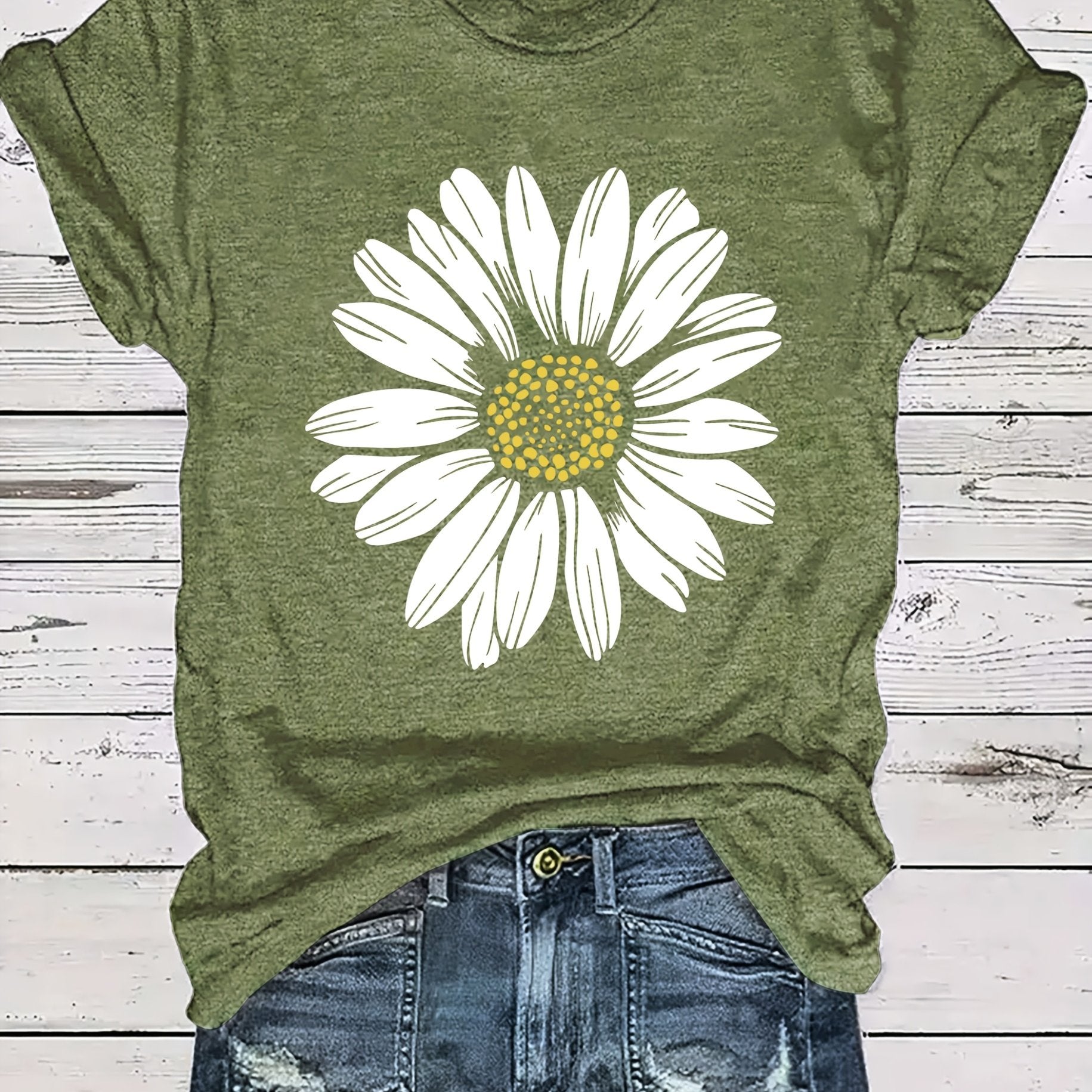 Women's Casual Daisy Flower Print T-Shirt - Soft Polyester Crew Neck Tee, Black with White Daisy Design, Short Sleeve, Perfect for Summer Outfits, Ladies T Shirts