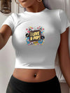 I Love K-Pop" Women's Y2K Fashion Crop Top T-Shirt - Vibrant Graphic Print, Soft Polyester & Spandex Blend, Stretchy, Machine Washable, Round Neck, Short Sleeve, Cute Shirts