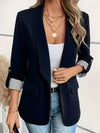 Women's Casual Blazer Jacket - Navy Blue Solid Color, Regular Fit Long Sleeve H-Silhouette, Structured Shoulders & Chest Pocket, Spring/Fall Versatile Office to Weekend Wear