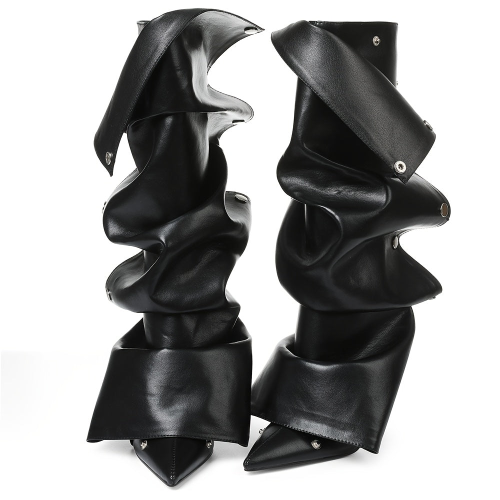 Women's Sexy Metallic Ruched Slouchy Knee-High Boots with Pointed Toe & Detachable Design - Stiletto Heel, Zipper, PU Cover & Rubber Sole for Dates, Casual Outings, High Heel Boots