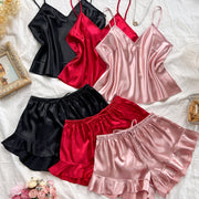 6pcs Set of Stylish And Sexy V-Neck Camisole And Ruffled Shorts Made of Faux Silky, Perfect for Casual And Comfortable Wear in All Seasons.