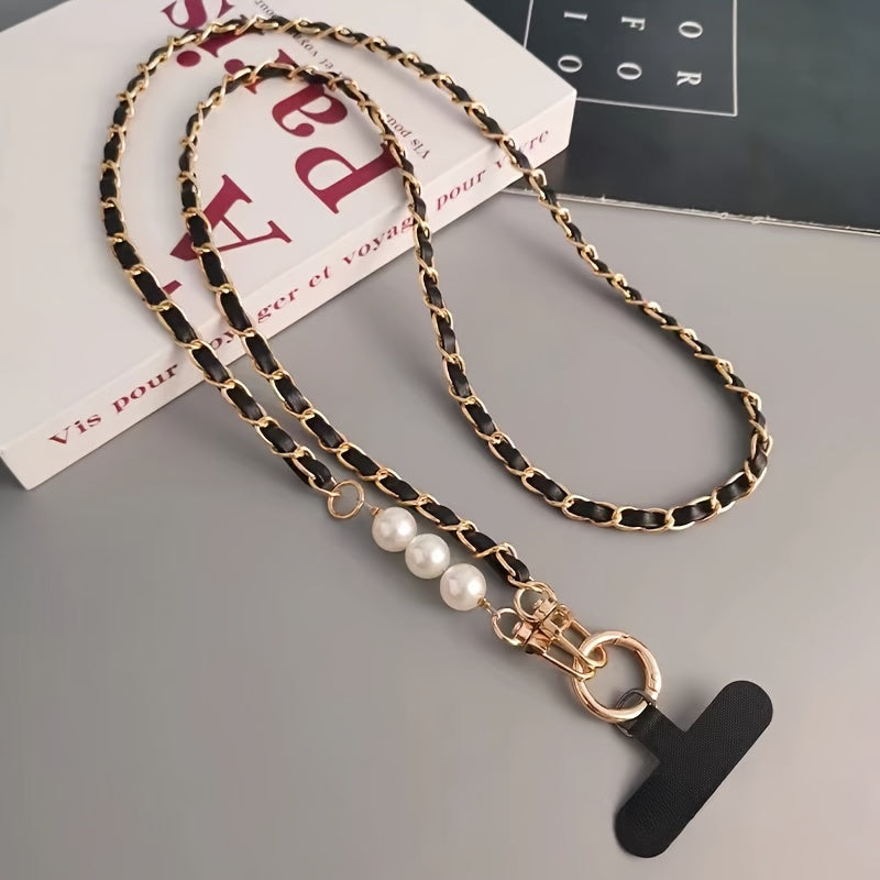 Durable, Chic Faux Pearl & Faux Leather Crossbody Phone Lanyard - Elegant Shoulder Strap Accessory