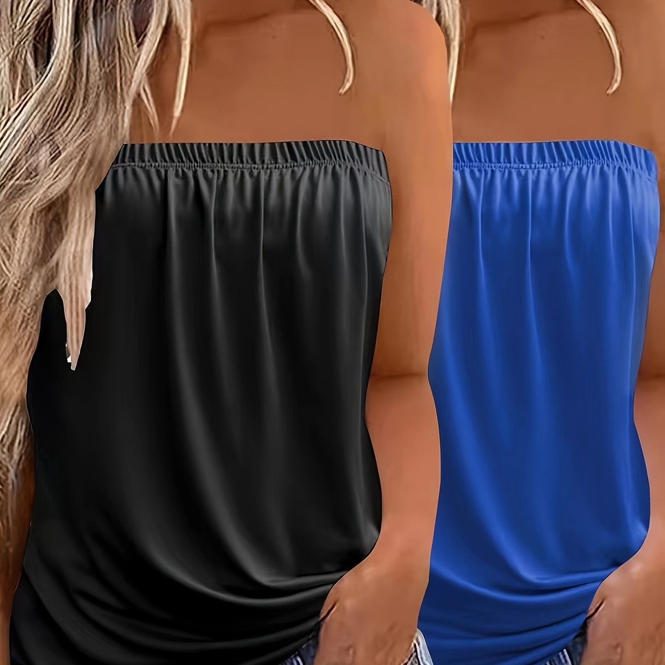2-Pack Elegant Strapless Bandeau Top, Solid Color Jersey Knit Fabric, Stretchy Polyester 100% Sleeveless Backless Summer Tank Tops