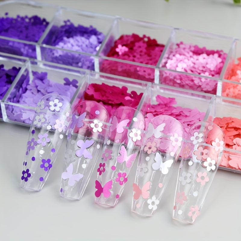12 Grids Butterfly Flower Nail Art PET Ultra-Thin Pearlescent Sequins DIY Nail Decoration