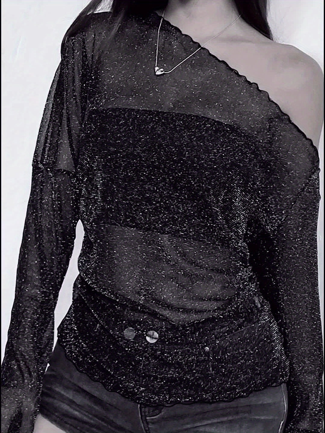 Women's Elegant Off-Shoulder Glitter Mesh Long Sleeve Top - Asymmetrical Neckline, Black Sheer Shimmering Blouse for Spring/Fall, Perfect for Casual or Party Wear, Ladies Blouses