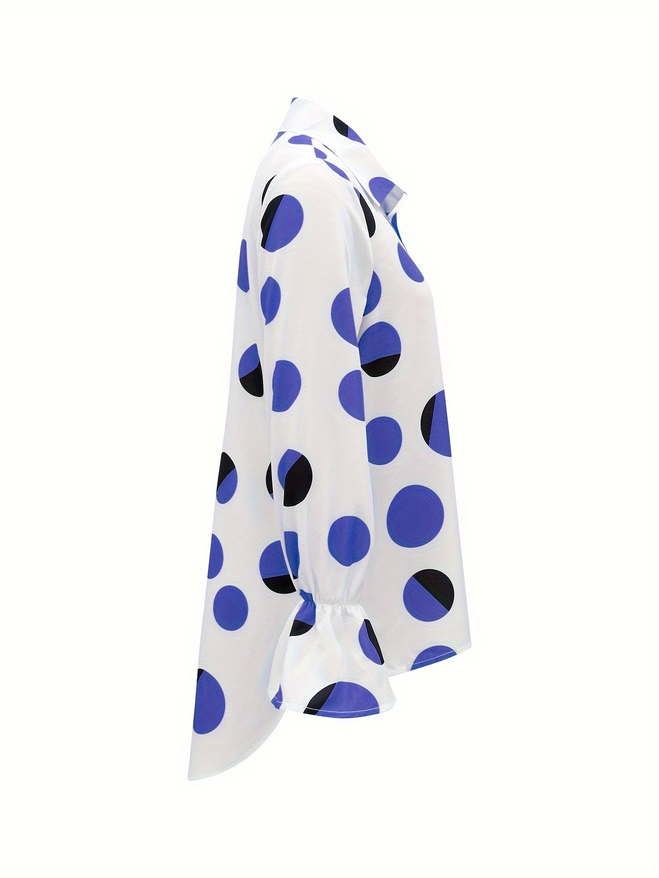 Long Sleeve Elegant Polka Dot Print Shirt - Loose Fit, Dipped Hem, Slit Hem, Machine Washable, Random Printing - Perfect for Spring, Summer, and Fall Seasons