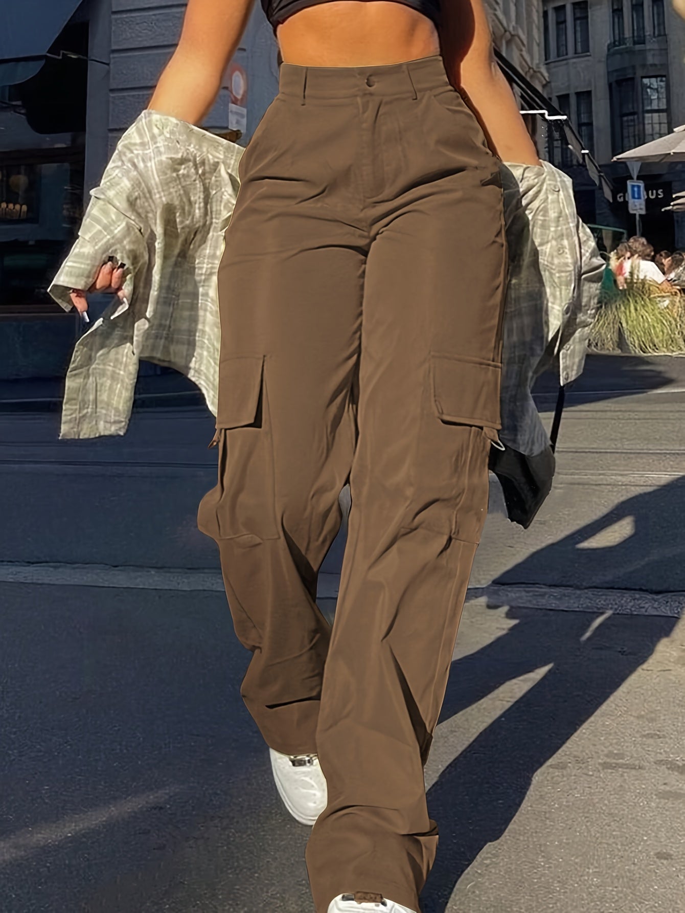 Elegant Brown Cargo Pants for Women - 100% Polyester, Straight-Leg with Flap Pockets, High-Waisted, Machine Washable - Perfect for Spring/Fall