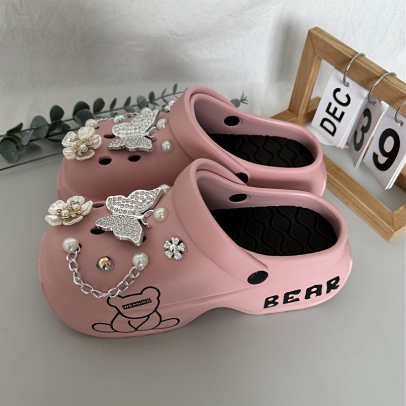 [Women's Cartoon Bear Mules Clogs] Casual Cartoon Bear Pattern Mules & Clogs for Women, Breathable EVA Platform Heel Clogs with Bow Embellishment, Versatile Indoor/Outdoor Fashion Footwear - Quanzhou Manufactured