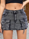 Vintage-Inspired Womens Mini Denim Skirt - Flap Pockets, Zipper Button Closure, Medium Stretch, Solid Color, Elegant Design for Spring/Summer/Fall - Woven, No Sheer, Straight Type Cargo Skirt