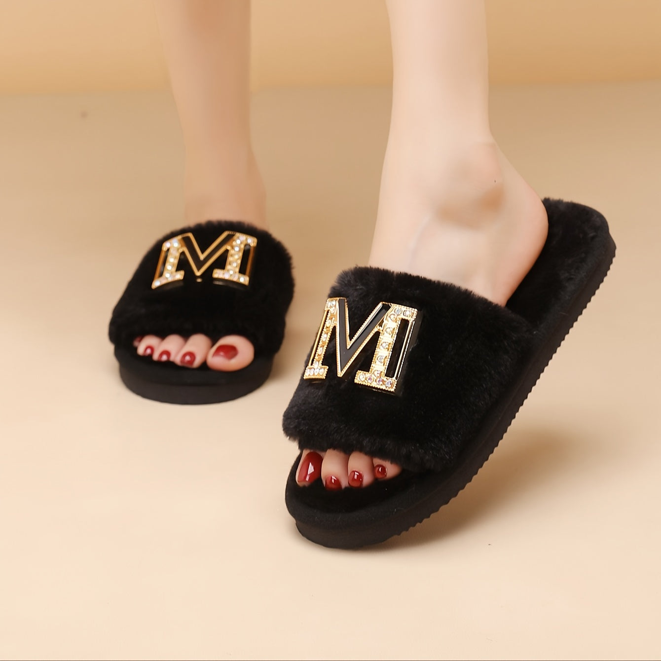 Women’s Plush “M” Slippers – Cozy Fuzzy Indoor Shoes with Soft Sole, Metallic Letter Detail, All-Season Comfort
