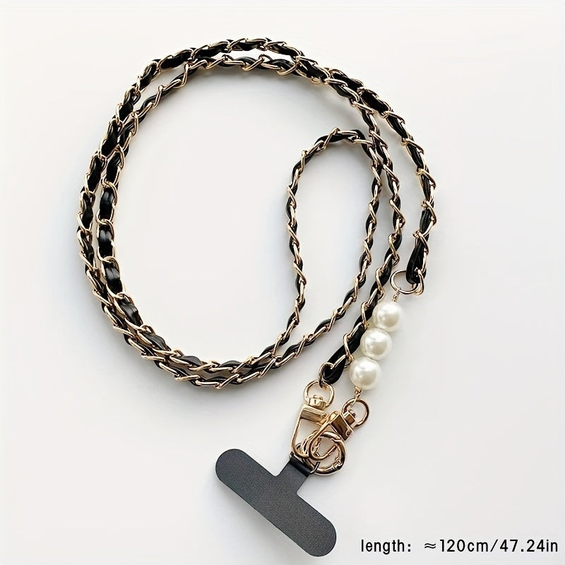 Durable, Chic Faux Pearl & Faux Leather Crossbody Phone Lanyard - Elegant Shoulder Strap Accessory