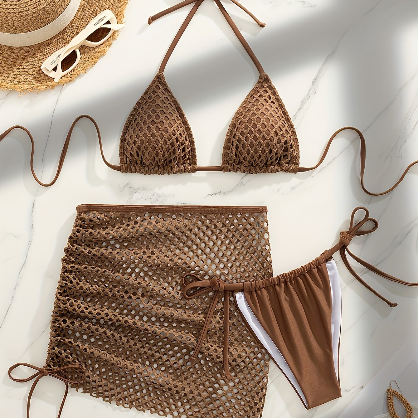 Halter Neck Bikini Set with Beach Skirt, Polyester and Elastane Blend, Medium Stretch Knit Fabric, Solid Color, with Contrast Mesh Detail