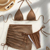 Halter Neck Bikini Set with Beach Skirt, Polyester and Elastane Blend, Medium Stretch Knit Fabric, Solid Color, with Contrast Mesh Detail