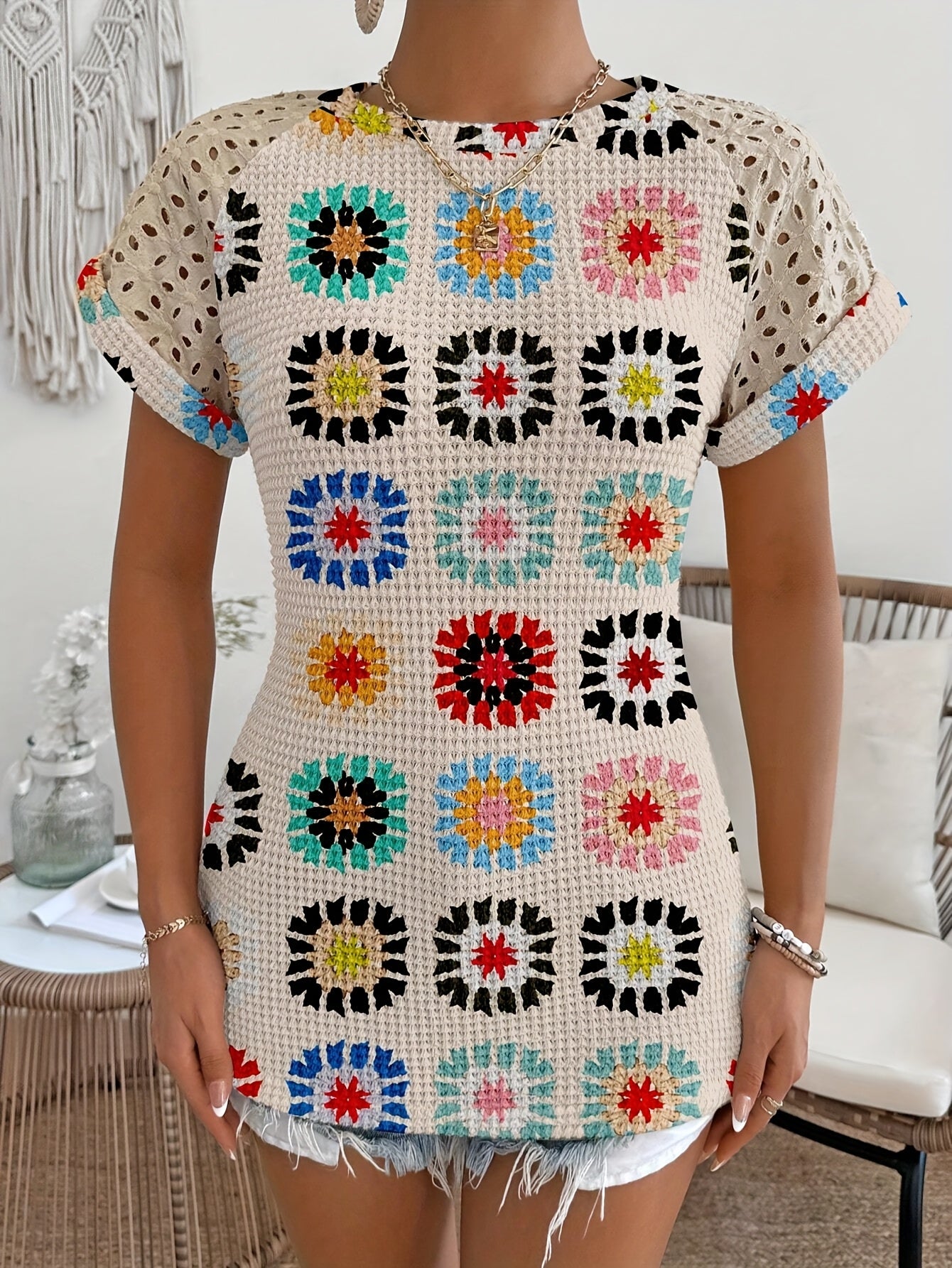 Women's Stylish Geometric Print T-Shirt with Lace Sleeves & Color Block Cuffs - Lightweight Polyester Blend for Spring, Summer & Fall - Machine Washable Casual Top, Casual Summer Top | Lace Sleeves Top | Trendy Tshirt