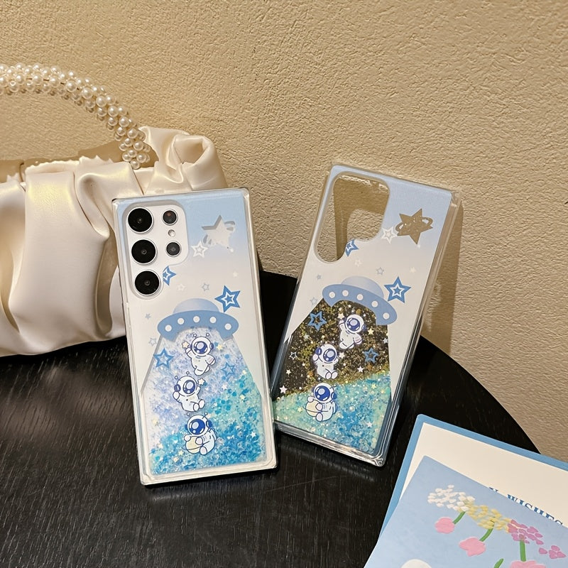 A Glow-In-The-Dark Liquid Glitter Phone Case for Samsung Galaxy S22/S23/S24/S25/Plus Ultra, Featuring a Fun Spaceship Astronaut Design, Making It a Creative Christmas And New Year Gift Phone Protector.