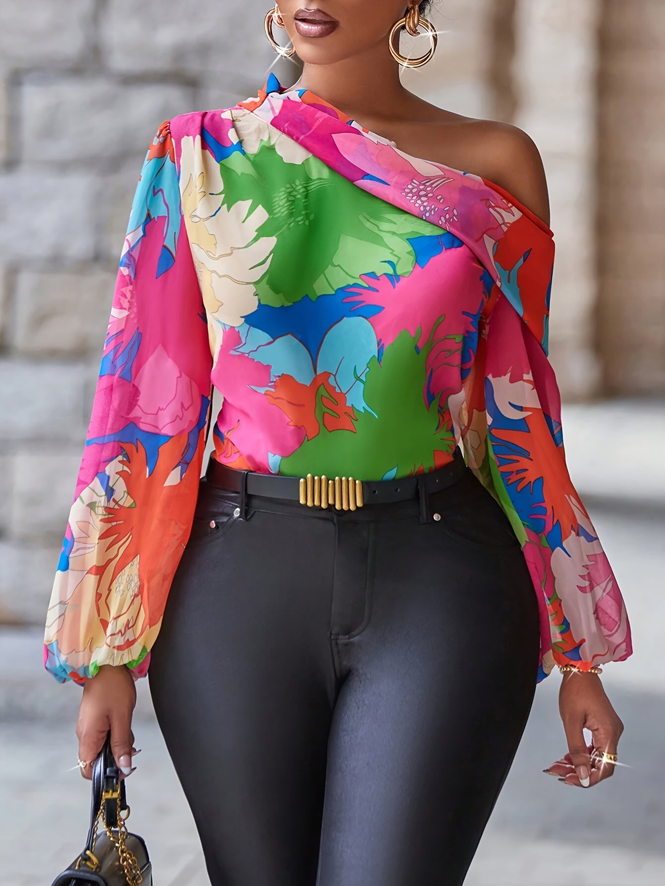 Vibrant Floral Print Asymmetrical Neckline Blouse with Lantern Sleeves - Elegant Polyester Top for Women, One-Shoulder Design, Long Flowing Sleeves, Perfect for Spring/Summer/Fall, Casual Elegant Wear | Vibrant Clothing | Bol