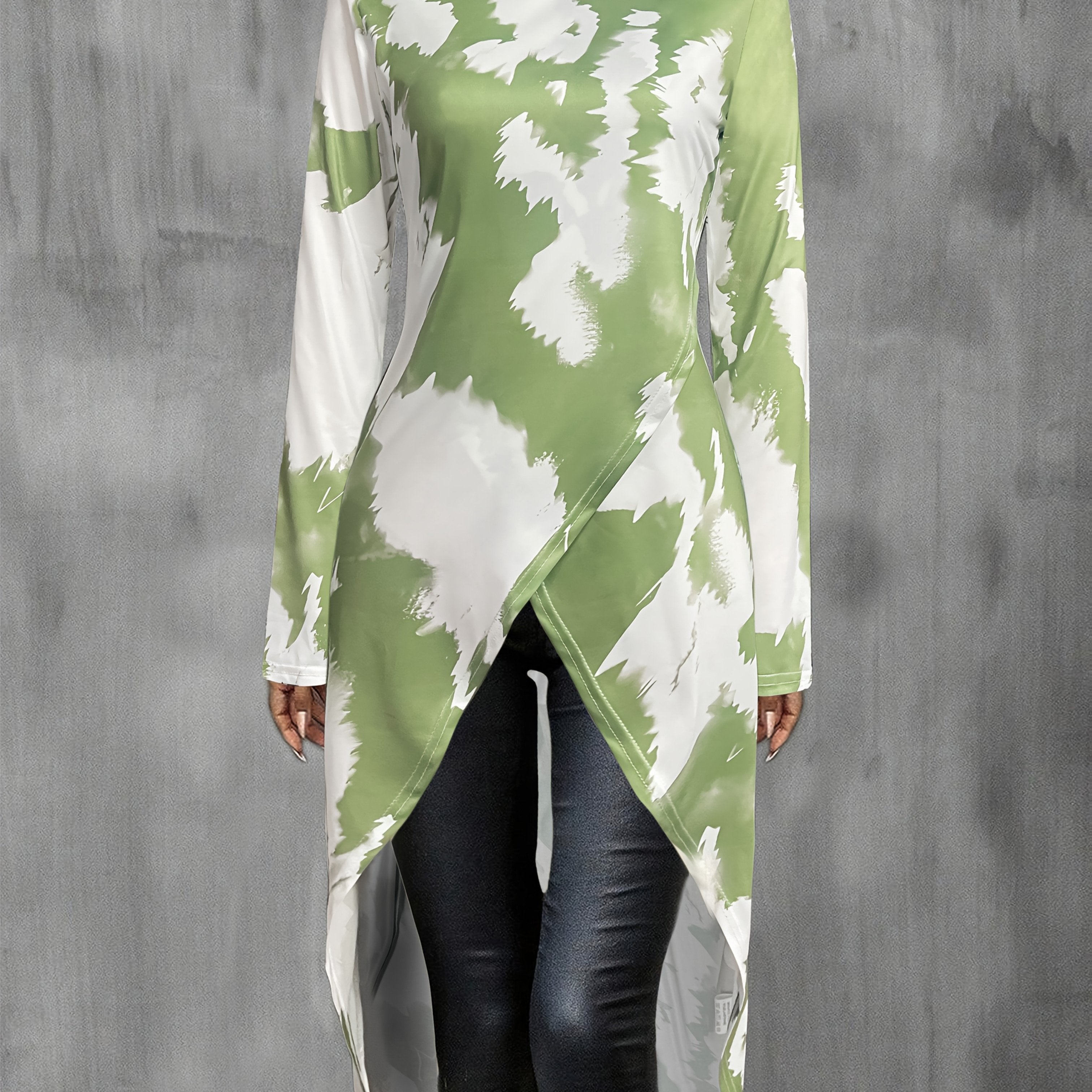 Women's Elegant Long Sleeve Top with Geometric and Striped Print - Round Neck, Asymmetrical Hem, Lightweight Polyester Blend for Spring, Fall, and Winter