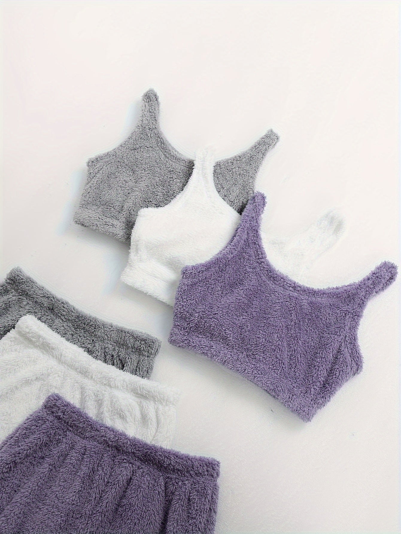 Women's Winter Plush Loungewear Set - 3 Pack Soft Crop Tank Tops And High-Waisted Jogger Pants