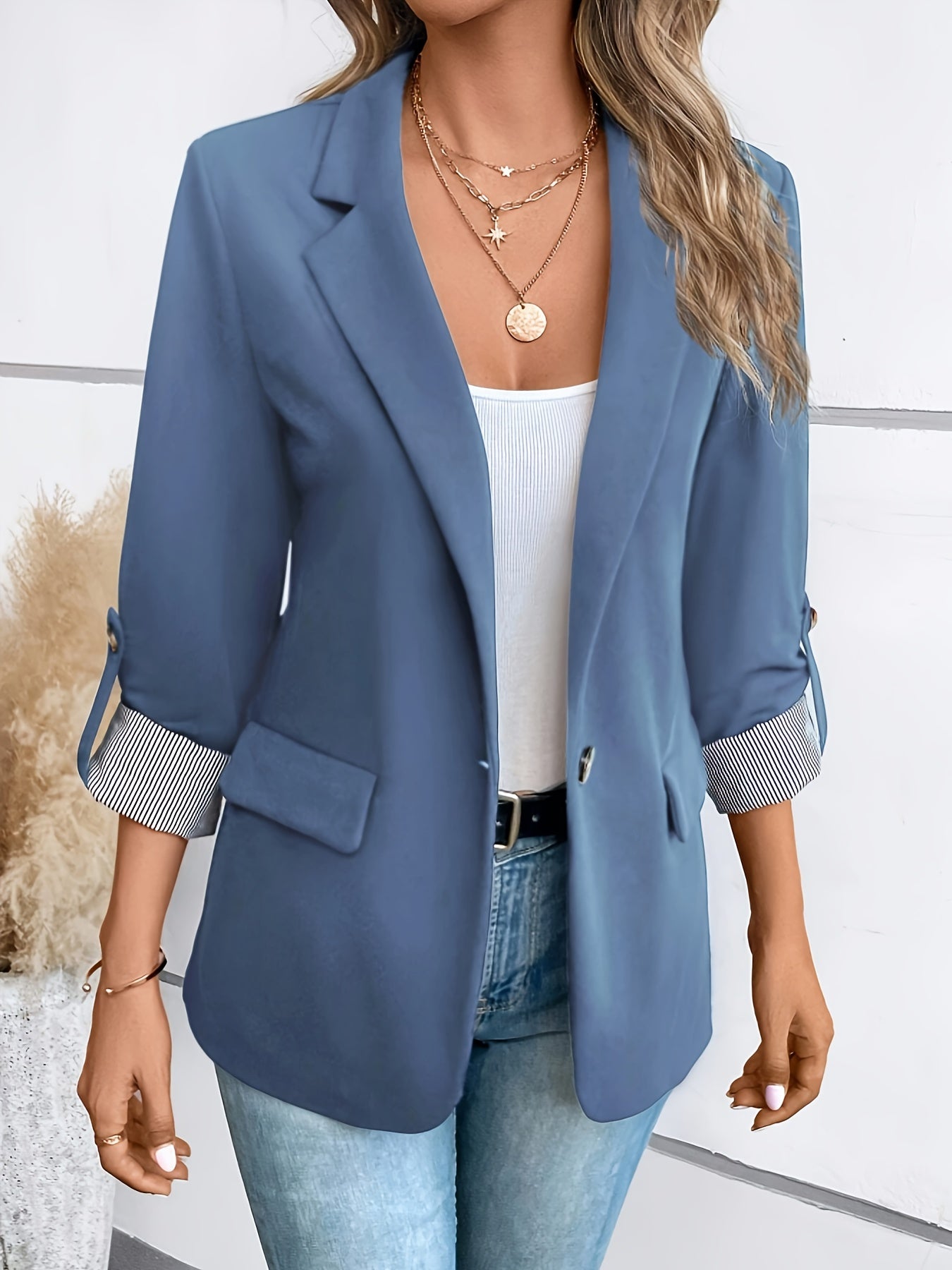Stylish Women's Blazer with Striped Cuff Detail - 100% Polyester, Single Button Closure, Regular Fit, Long Sleeves, Perfect for Spring & Fall Casual or Semi-Formal Wear, Casual Women's Wear | Versatile Fashion | Polyester Fab