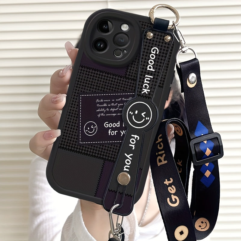 Interesting Stripe Pattern for Iphone 16/15/14/13/12/11 Pro/Plus/Max/Mini Mobile Phone Case Trendy And Fashionable Creative Wristband Can Be Used As a Bracket, Cross-Body, Back-Hanging Chain Rope, Full-Cover Silicone Anti-Fal