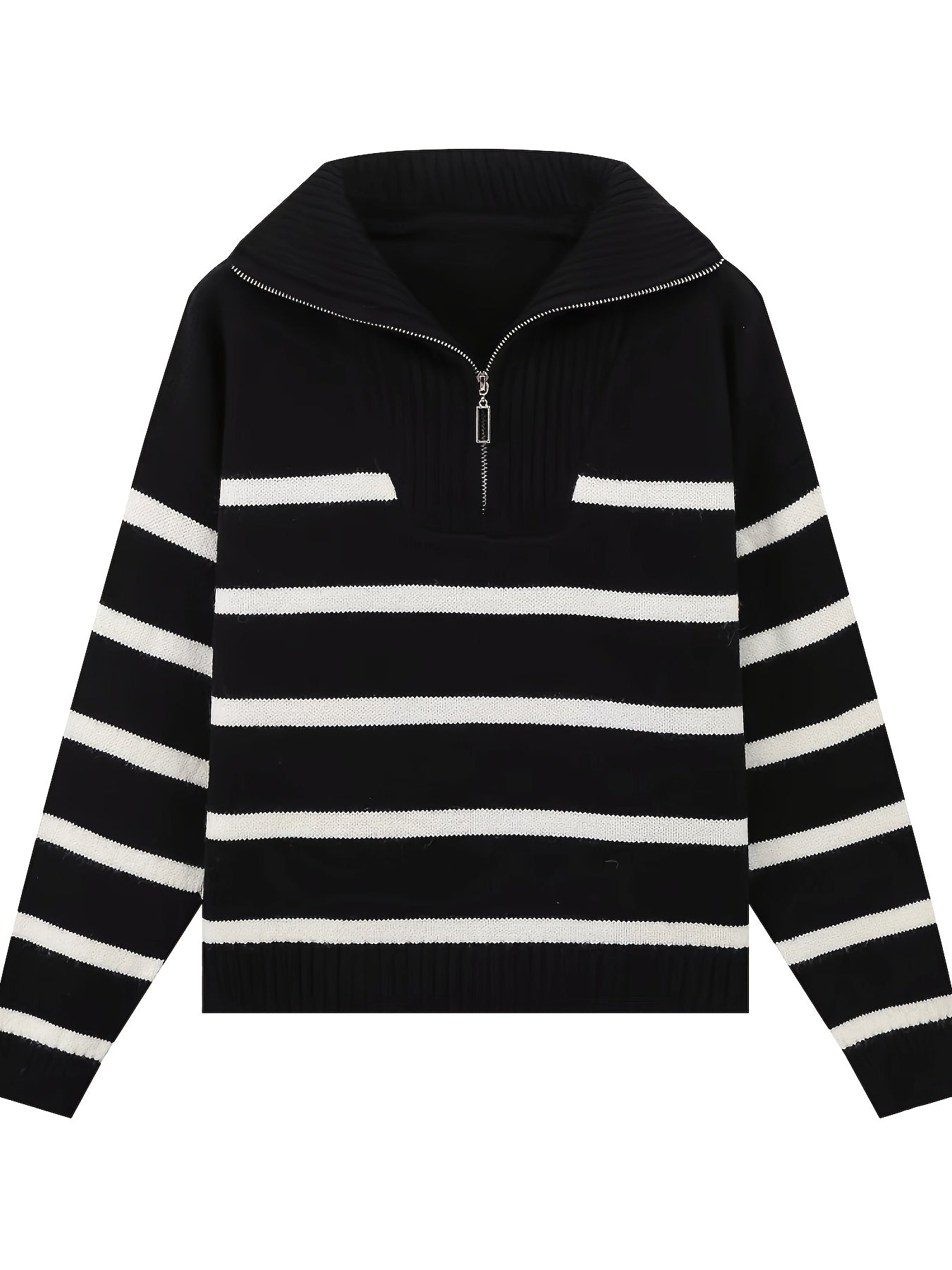 Long Sleeve Black & White Striped Polyester Knit Hooded Sweater - Women's Casual Zip-Up Pullover with Ribbed Detail, Perfect for All Seasons