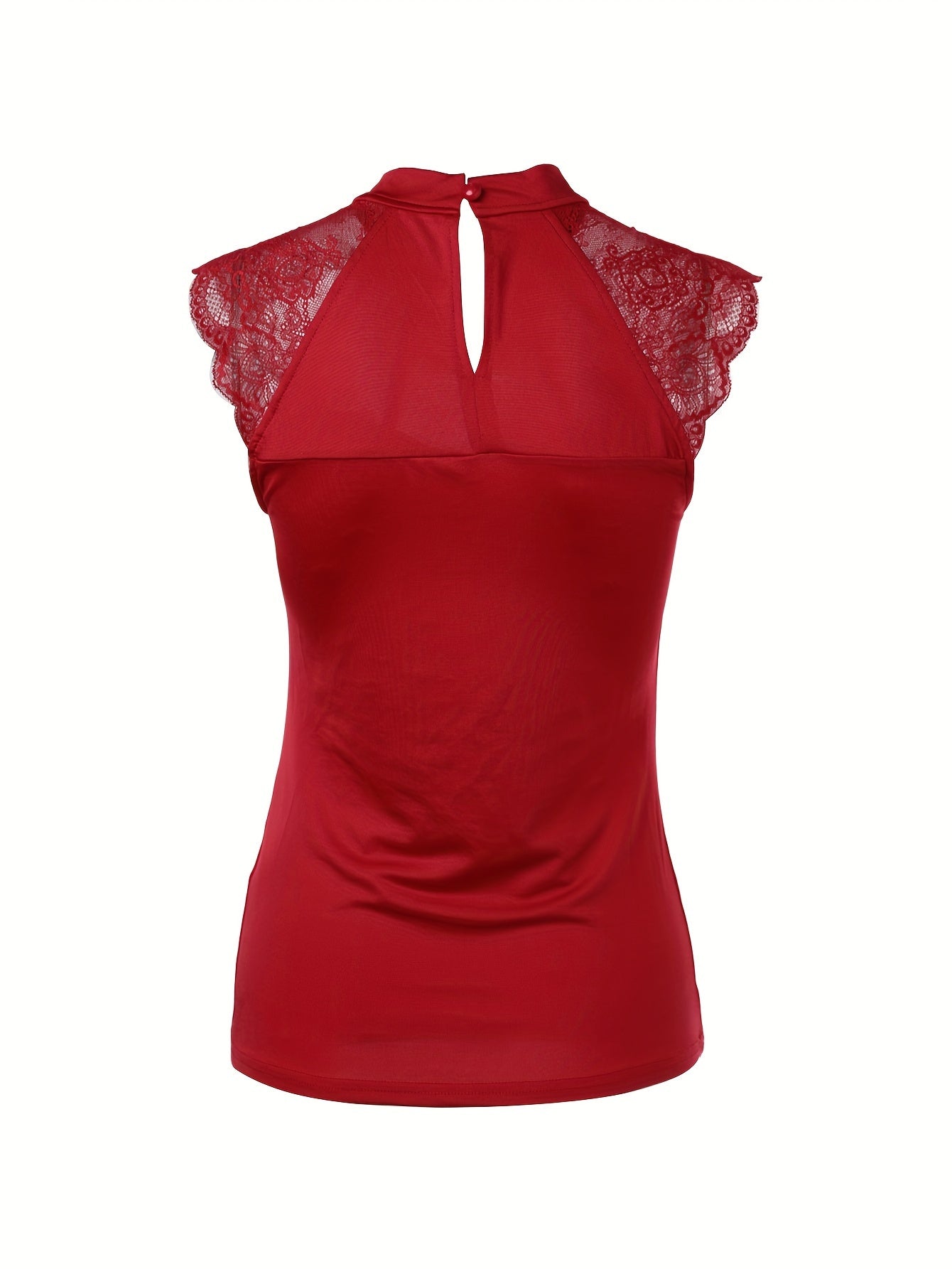 Elegant Red Lace-Trimmed Tank Top for Women - Sexy Cut-Out Design, Stretchy Polyester & Spandex Blend, Round Neck Sleeveless Shirt with Intricate Floral Patterns, Perfect for Spring/Summer/Fall
