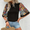 Spring/Summer Elegant Vacation Lei Contrast Lace Embroidery T-Shirt with Trumpet Sleeves and Round Neck for Women