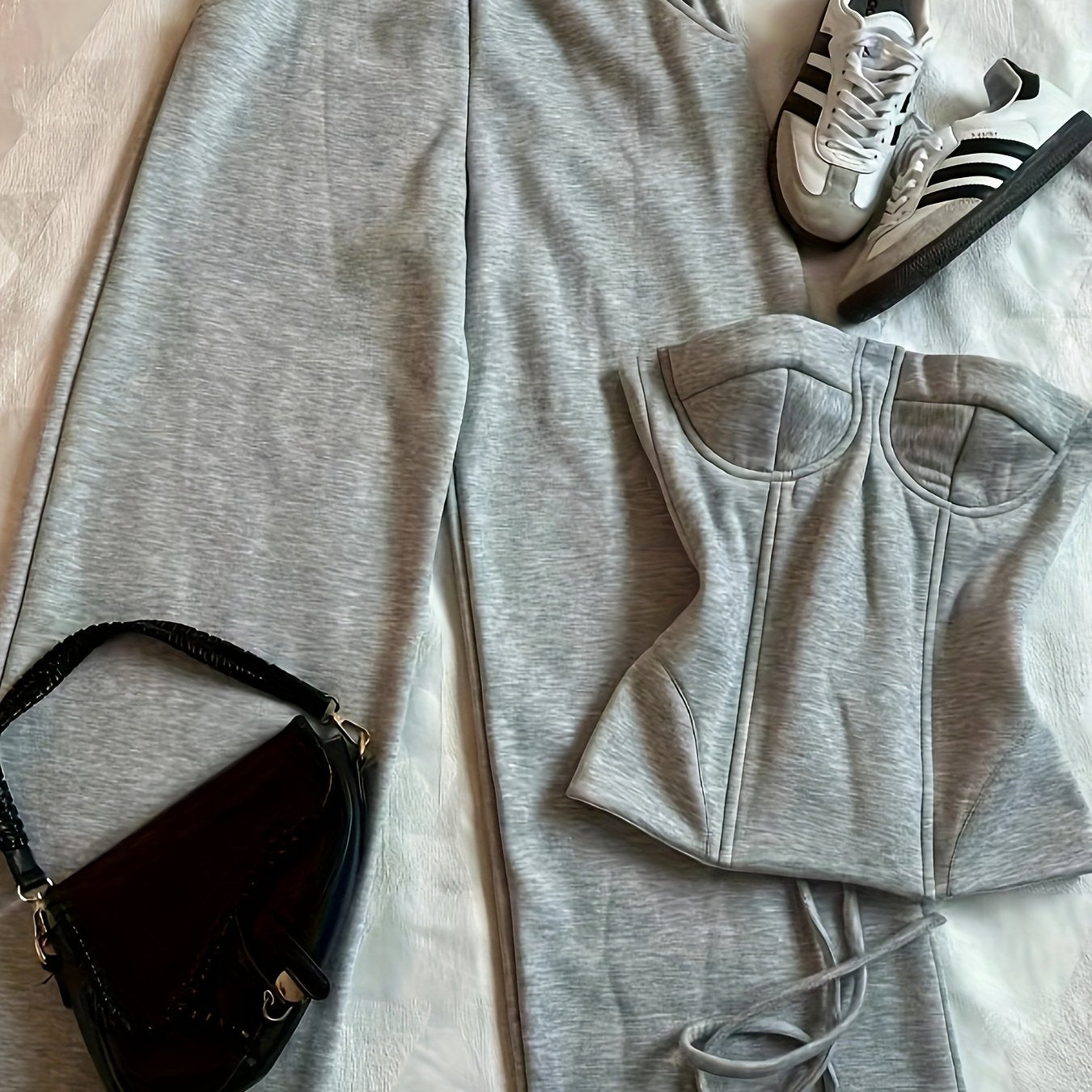 Women's Long Pants & Sleeveless Crop Hoodie Set – Casual Solid Color Two-Piece Loungewear with Drawstring Waist