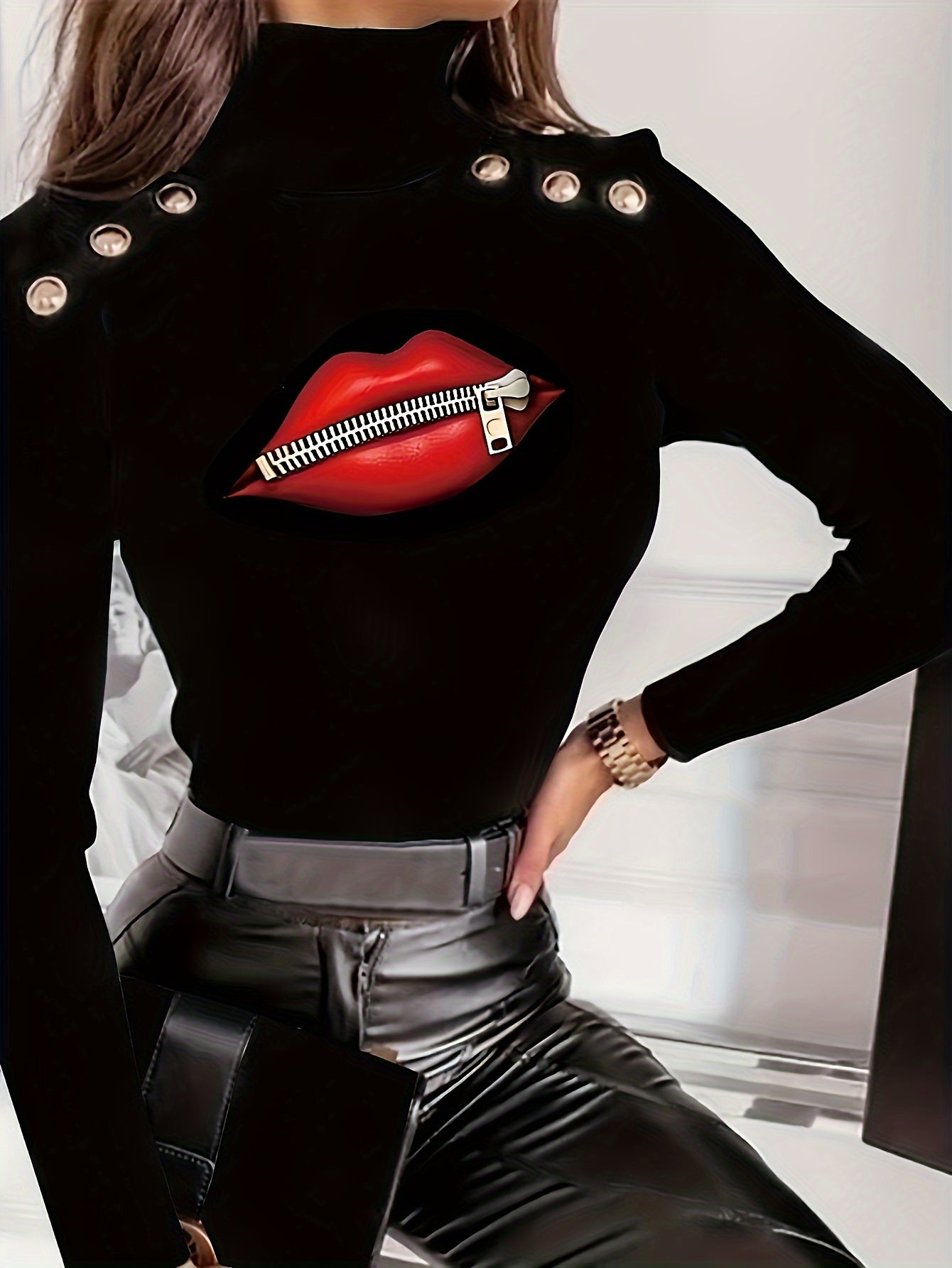 Autumn And Winter Women's Fashion Casual Rivet Button Print Sexy Red Lips Solid Color T-shirt