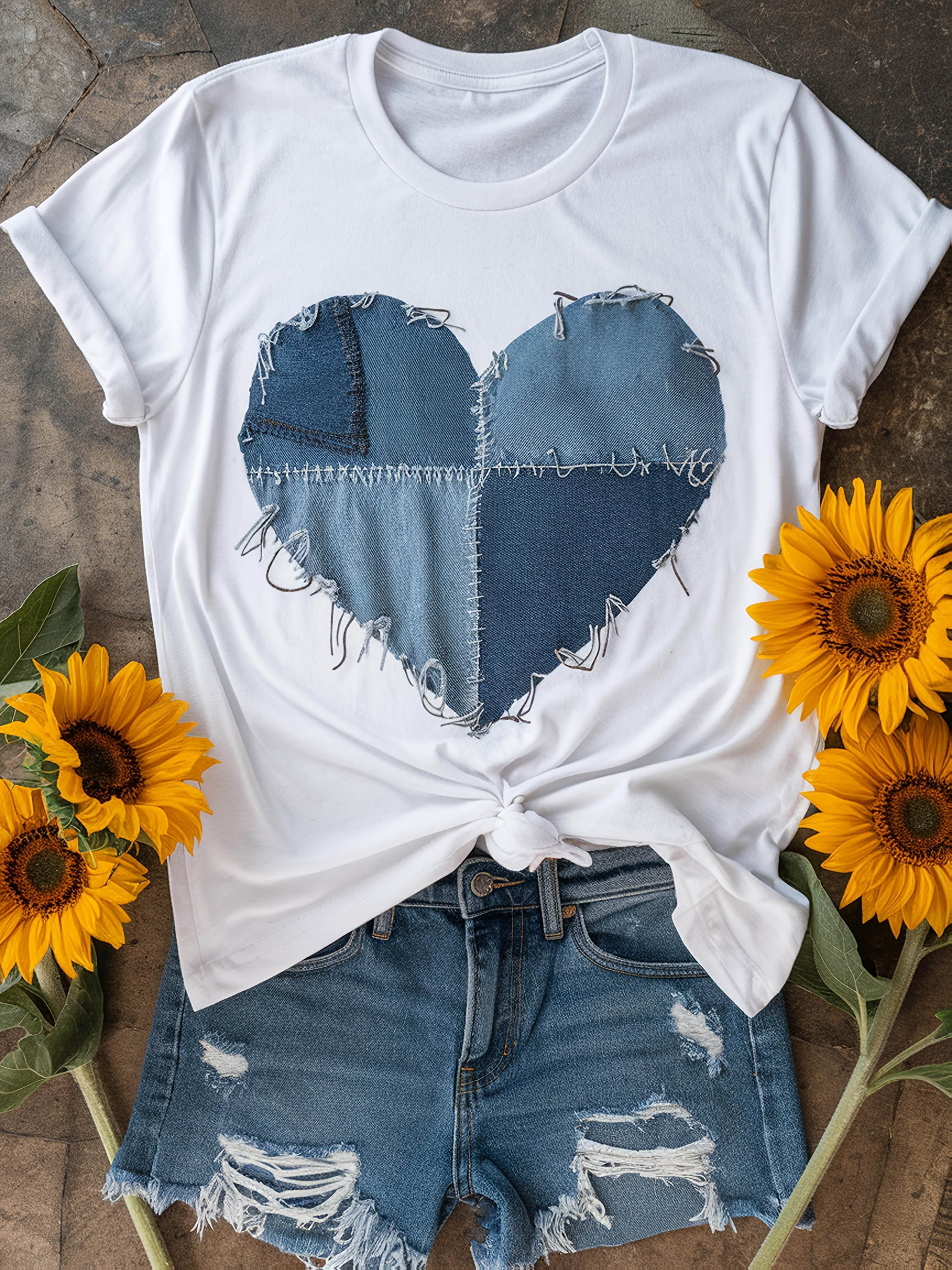 Women's Soft Heart Print T-Shirt - Casual Crew Neck Short Sleeve Top with Denim-Like Patchwork Design, Perfect for Valentine's Day or Casual Attire, Ladies T Shirts