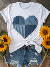 Women's Soft Heart Print T-Shirt - Casual Crew Neck Short Sleeve Top with Denim-Like Patchwork Design, Perfect for Valentine's Day or Casual Attire, Ladies T Shirts