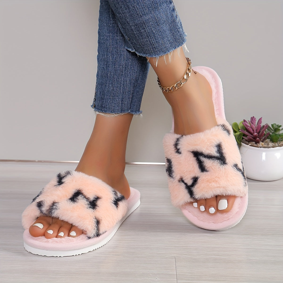 Women's Slip-On Slippers with Leopard Print & Pink Fuzzy Trim - All-Season Indoor House Shoes, Soft Fabric Upper & EVA Sole for Cozy Home Comfort, House Slippers