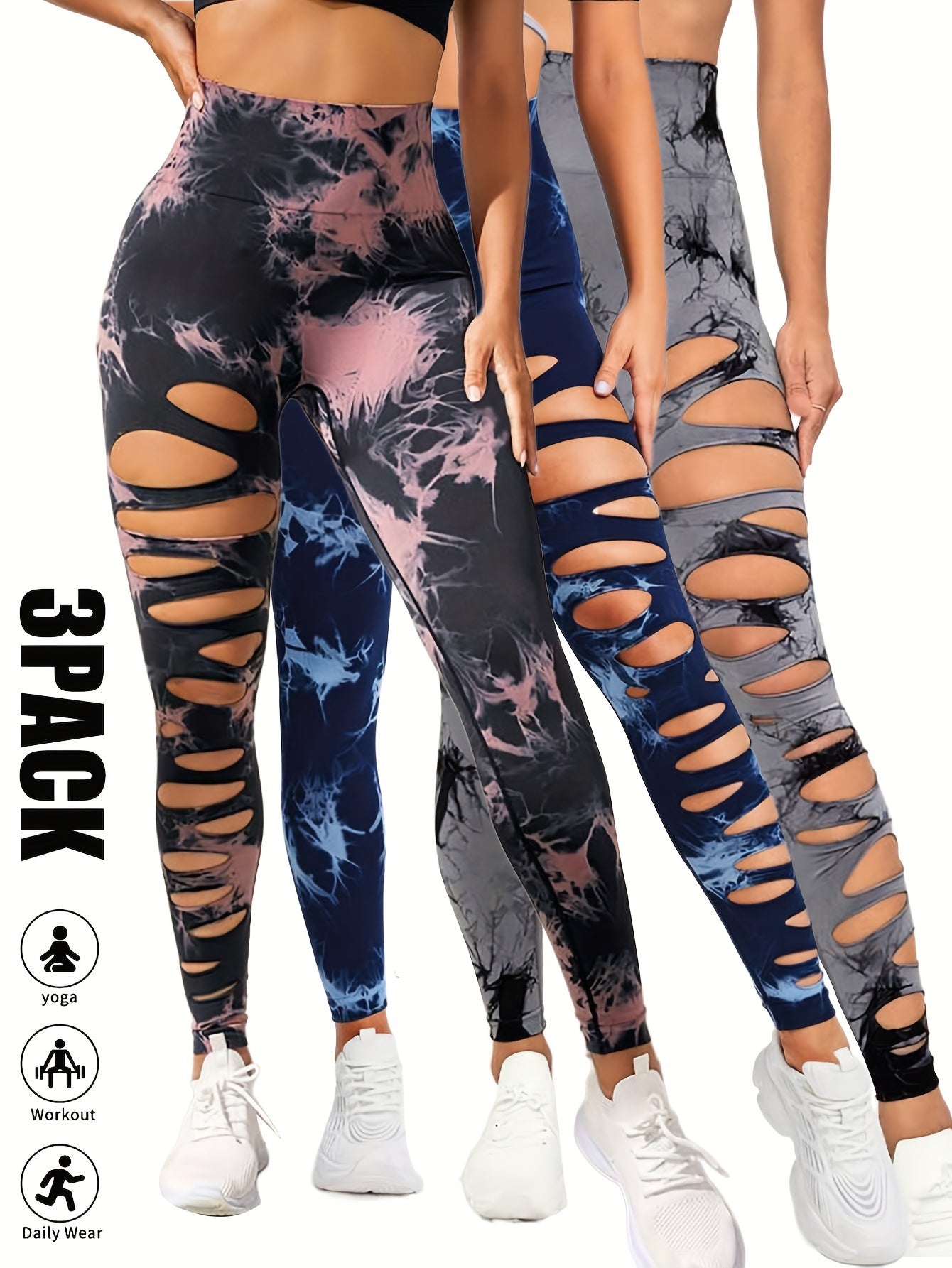 [3 Pack High Waist Yoga Leggings] 3 Pack Women's Tie Dye Cutout Tights High Waist Workout Yoga Leggings, Scrunch Butt Lifting Elastic Pants, Womens High Waist Yoga Pants Cutout Ripped Tummy Control Workout Running Yoga Skinny
