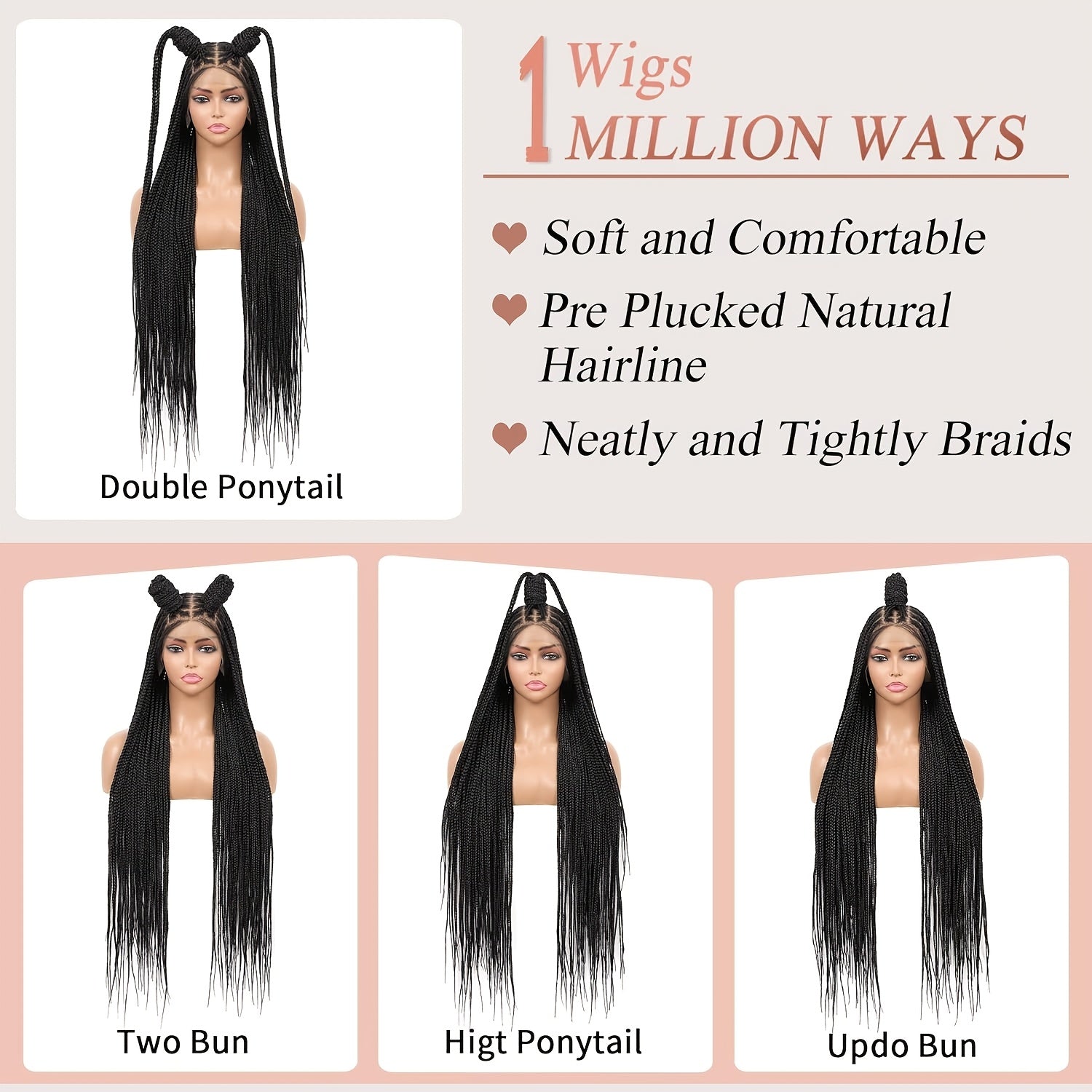 Knotless Braided Wigs Lace Front Box Braids Lace Frontal Wig For Women Synthetic Hair Blended Black Hand Full Double Lace Braid Wig With Bang, Christmas Wig