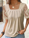 Elegant Knitted Square-Neck Short-Sleeve Top for Women, Featuring Solid Color Mesh Embroidery Lace.